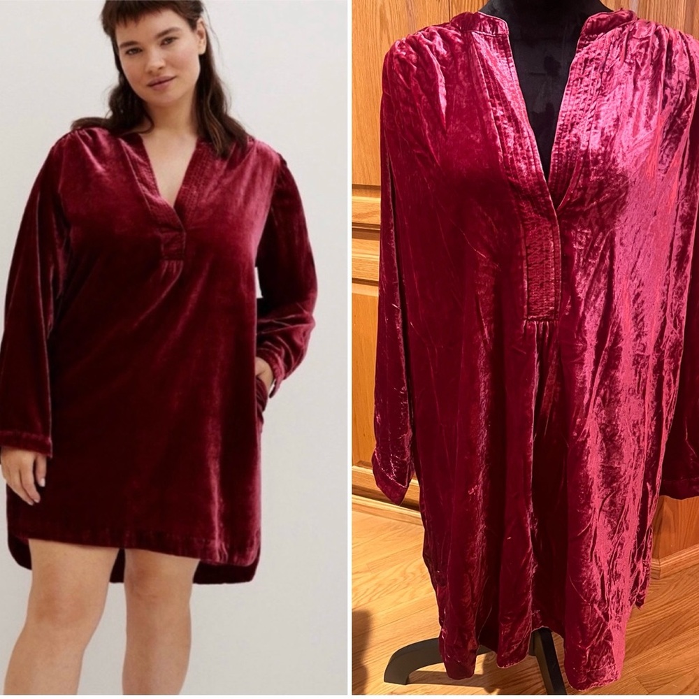 Anthropologie Melody Velvet V-Neck Tunic Dress Side Pockets Raspberry Size‎ 1X